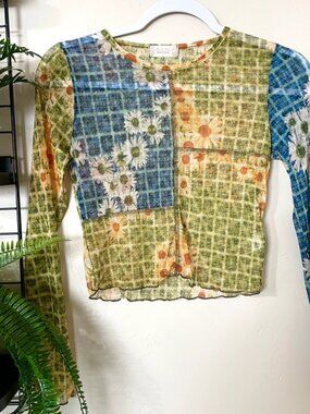 patchwork floral fairy mesh top with lettuce hem trim